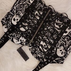 Dolls Kill Black & White Skull Lace-Up Crop Top